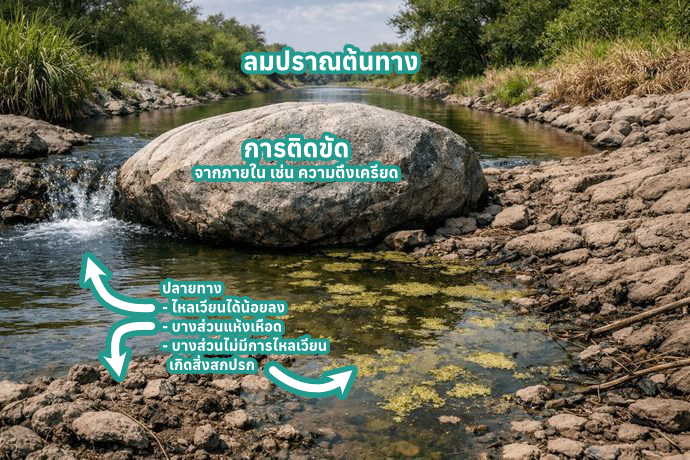 ภาพประกอบ: สายน้ำที่ถูกก้อนหินขวางทางไว้จนเกิดความนิ่งและเน่าเสีย เปรียบเสมือนภาวะเลือดและลมปราณที่ติดขัดในร่างกาย
